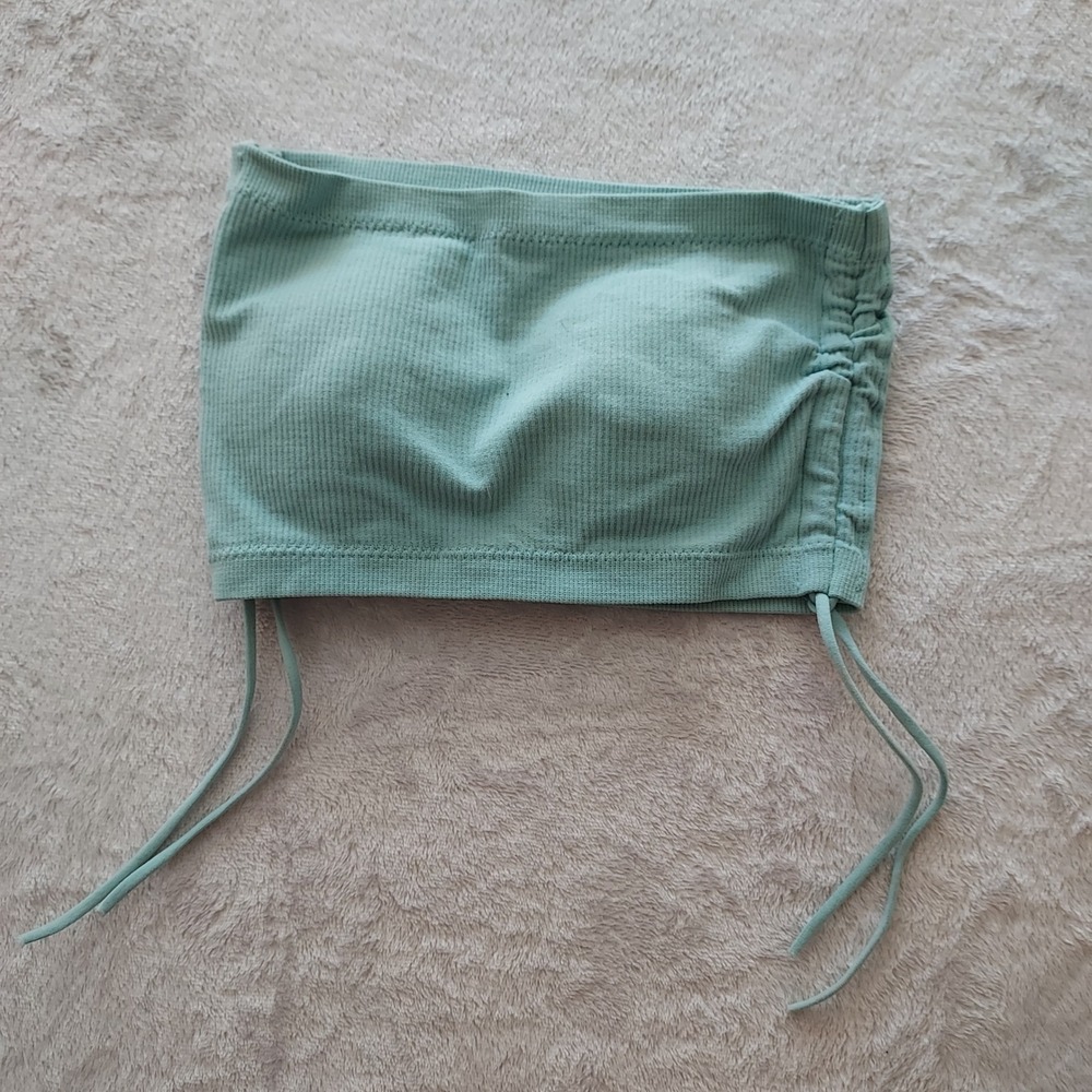 Sage Green Ribbed Ruched Side Padded Tube Top Small Strapless Cinched Crop